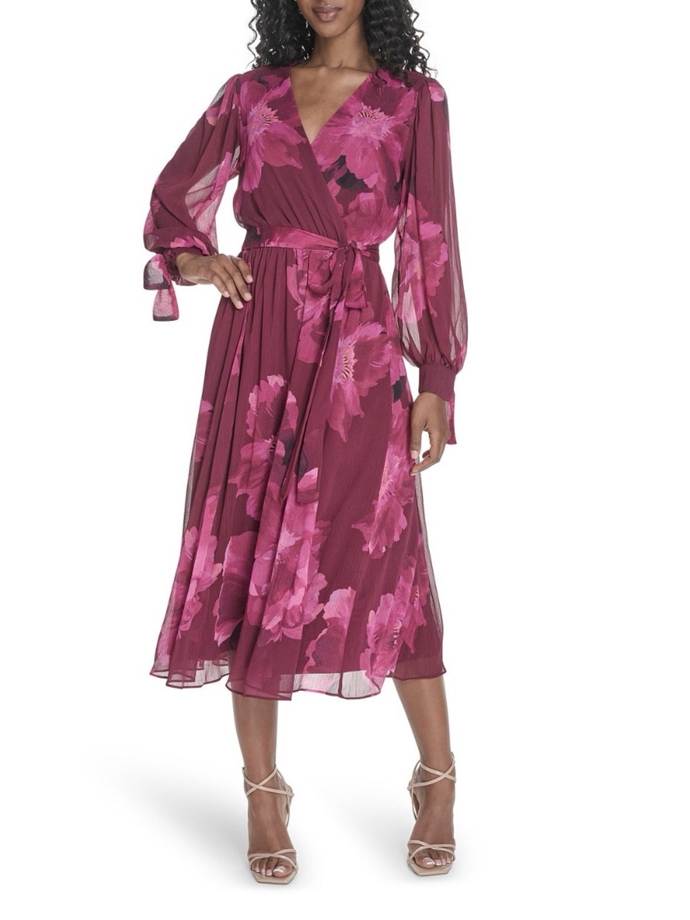 Calvin Klein Plum Floral Long Sleeve Chiffon Wrap Midi Dress Sz 20W $149 New